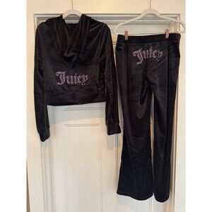 JUICY COUTURE Velour OG Bling Tracksuit Hoodie Pant Set Liquorice Large L  NEW